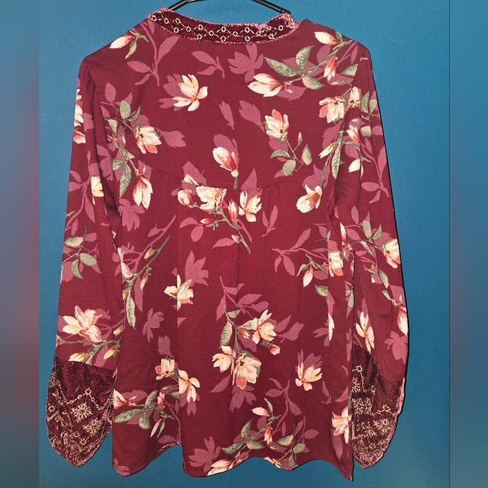 Burgundy Bishop Sleeve Floral Blouse with velvet accents, Size Small - Picture 6 of 14